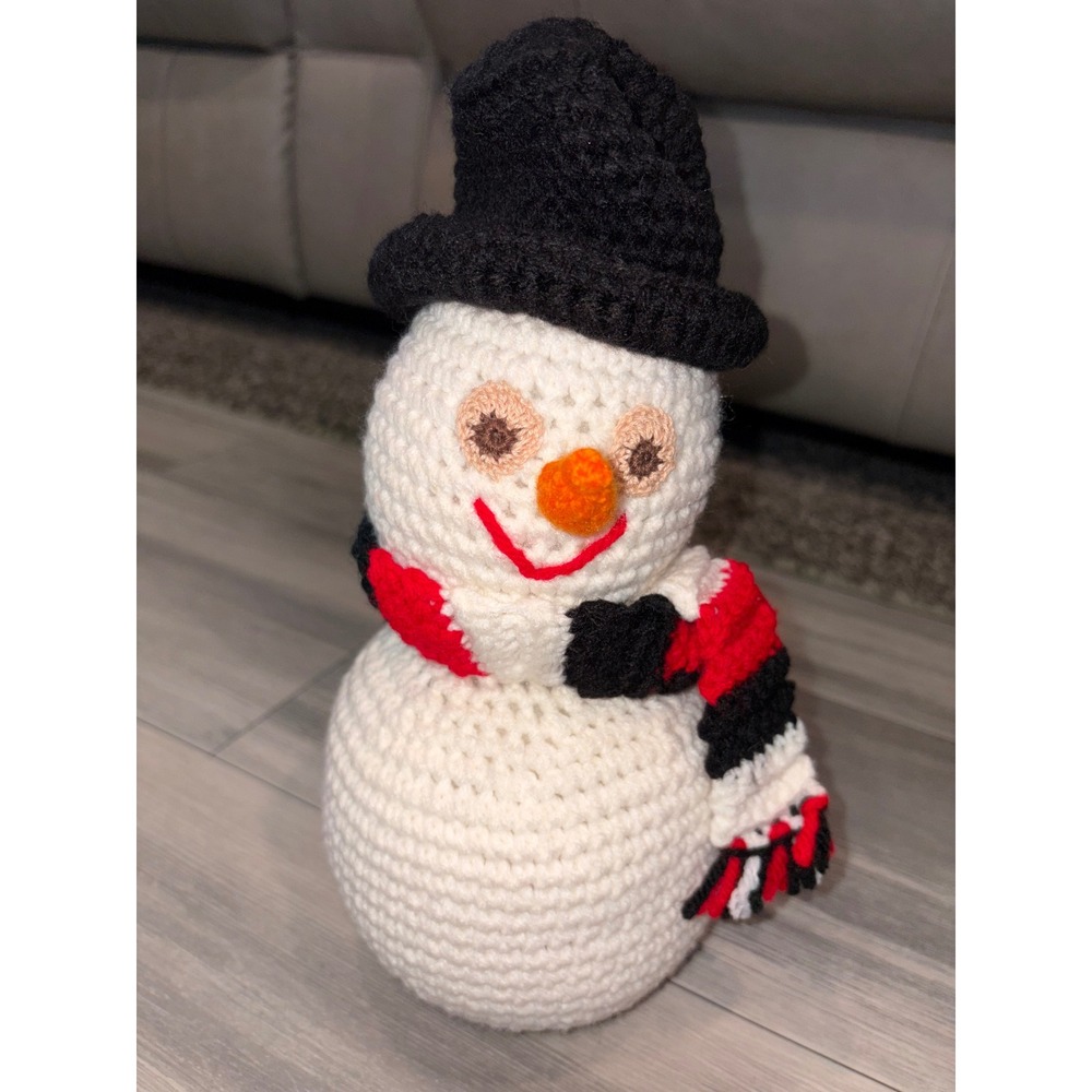 Handmade Crochet Snowman Plush Holiday Winter Decor Black Top Hat Red Scarf 12in